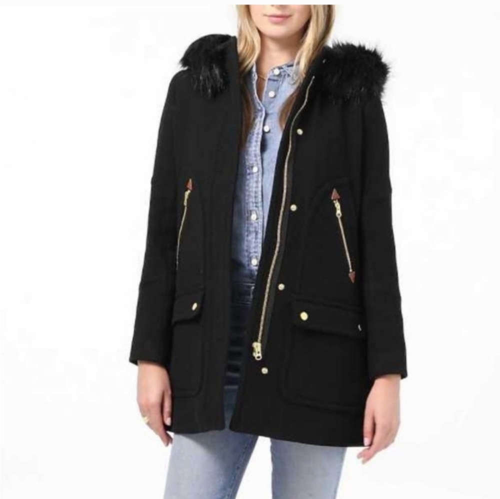 J. Crew Black Utility Jacket with Faux Fur Hood